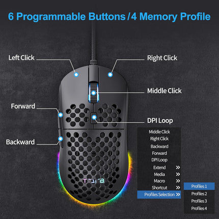 TMKB Falcon M1SE Ultralight Honeycomb Gaming Mouse, High-Precision 12800DPI Optical Sensor, 6 Programmable Buttons, Customizable RGB, Drag-Free Paracord, Ergonomic Wired Gaming Mouse - Matte Black