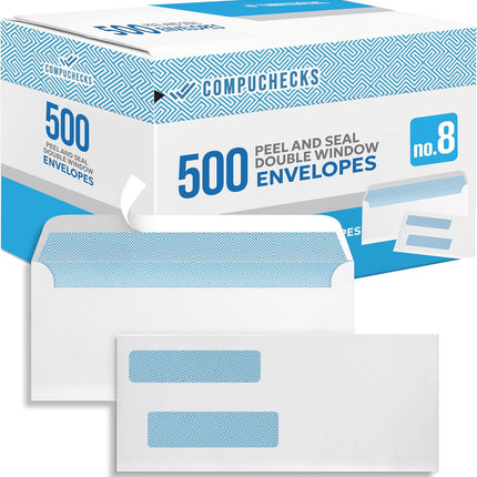 Double Window Envelopes #8- Peel and Seal Strip, Security Business Mailing Check Envelopes - Tamper Evident, Security Tint - 500 Count – Guaranteed to fit QuickBooks Checks