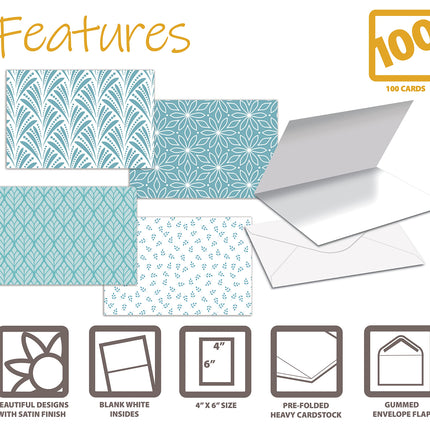 100-Pack All Occasion Greeting Cards, Assorted Blank Note Cards, 4 x 6 inch, 6 Blue Hue Floral Designs, Blank Inside, with Envelopes, 100 Pack