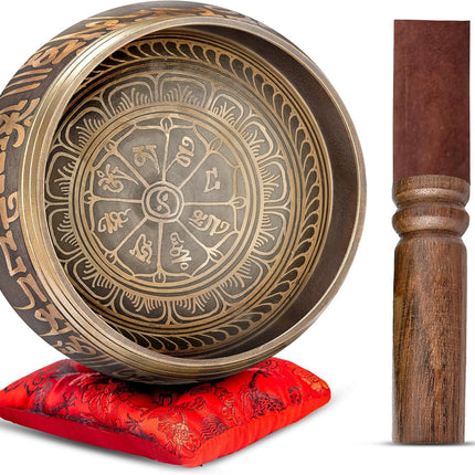 Premium Tibetan Singing Bowl Set – Handmade in Nepal Sound & Meditation Bowl – Spiritual Decor for Yoga, Wellness Spaces & Relaxation by Himalayan Bazaar (Brown & Red)