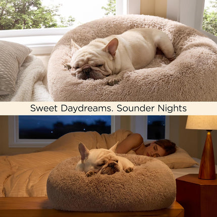 Bedsure Calming Dog Bed for Small Dogs - Donut Washable Small Puppy Bed, 23 inches Anti-Slip Round Fluffy Plush Faux Fur Large Cat Bed, Fits up to 25 lbs Pets, Camel