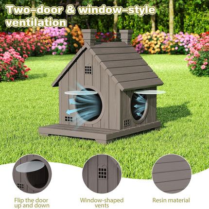 Outdoor Cat House Weatherproof, Durable Resin Cat Houses for Outdoor Indoor Cats, Litter Box Enclosure with Elevated Base, Anti-Slip Pad, Ventilation, Grey