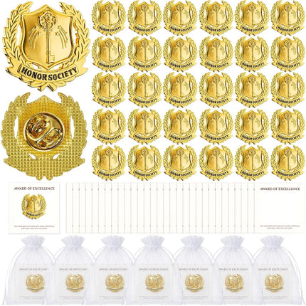 Sureio 50 Set Honor Society Lapel Pins Bulk 2026 Graduation Souvenir Gifts Gold School Award Badges 1 Inch with Card, Organza Bag for Student Teacher Congrat Grad Party