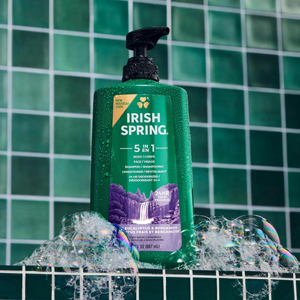 Irish Spring 5 in 1 Moisturizing Body Wash for Men, Shampoo, Conditioner, Body and Face Wash, and 24 Hour Deodorizer, Paraben-Free, Fresh Eucalyptus & Bergamot Scent, 30 fl oz - Packaging may vary