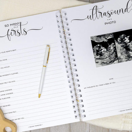 Personalized Twin Pregnancy Journal - Hardcover Pregnancy Memory Book Customized with Babies’ Names, Nicknames or Phrase - Prompted Journal for New Moms (Gray Hearts)