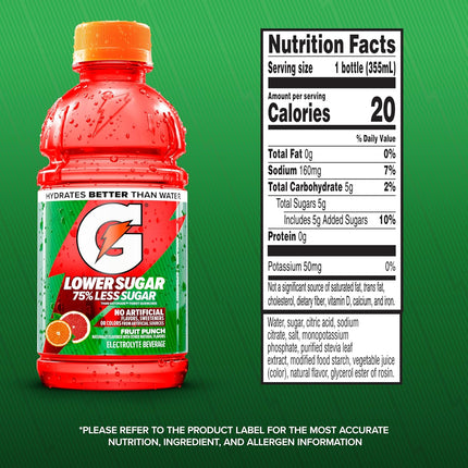 Gatorade Lower Sugar Electrolyte Sports Drink, Fruit Punch, 12 fl oz Bottles, (12 Pack), 75% Less Sugar, No Artificial Flavors, No Artificial Sweeteners, No Artificial Colors, Hydration