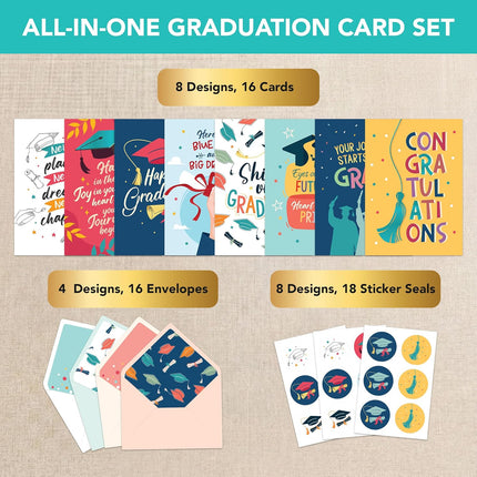 Decorably 16 Pack Foiled 5x7in Inspirational Graduation Cards Assortment with Envelopes & Stickers - 8 Festive Designs for College, Highschool, Her, Him, with Printed Message Inside - Gifting, Mailing