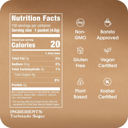 Sugar In The Raw Granulated Turbinado Cane Sugar On The Go Packets, Pure Natural Sweetener, Hot & Cold Drinks, Coffee, Cooking, Baking, Vegan, Gluten-Free, Non-GMO, 100 Count Packets (8-Pack)