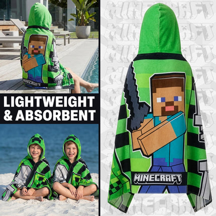 Minecraft Towelling Poncho Kids Teenagers Hooded Bath Towels Absorbent Creeper Beach Towel for Bathroom Pool Vacation Holiday Essentials (Green/Black, 6-14 Years)