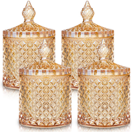 4 Pcs Crystal Glass Candy Jar Set with Lids Home Decorative Storage Jars for Apothecary, Bathroom, Kitchen, and Pantry, Ideal for Cotton Swabs and Jewelry (Medium,Green)