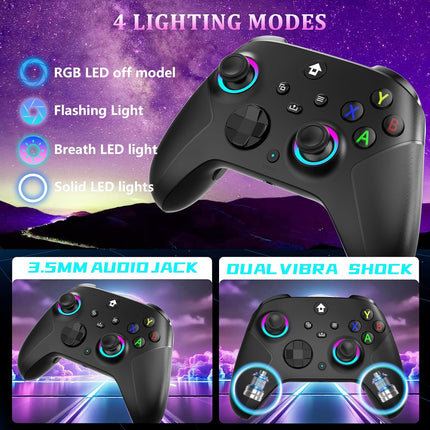 YUYIU 2.4GHz Controller with 7 Colors RGB Light for Xbox Controller, Xbox One Series X|S,Consoles,Steam PC Windows, with 1000mAh Battery/Dual Vib-ration/Turbo/Programmable, 3.5mm Audio Jack (BLACK)