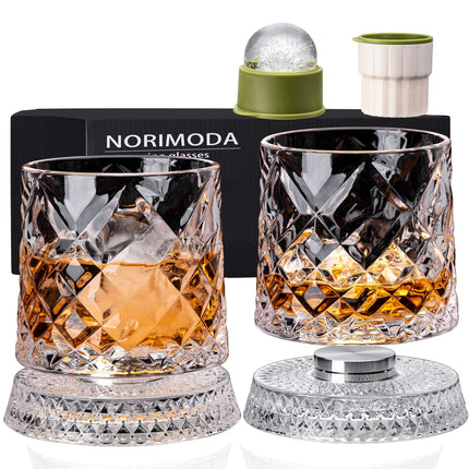 Spinning Whiskey Glasses Set of 4, 9.5 oz Smooth Rotating Bases, Gift Box