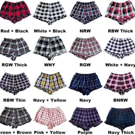 Cotton Plaid Adult Women Ruffle Trim Pajama Shorts Bottoms