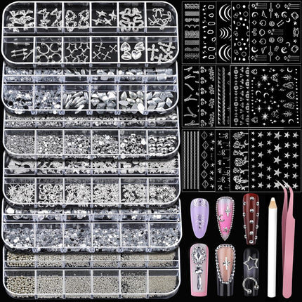 Nail Charms Nail Gems with 15 Sheets Gold Nail Stickers, 6 Boxes of Rhinestones for Nails Art Tools, 3D Nail Decals Pearls for Nails