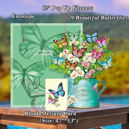 Airpark Pop Up Flower Cards, 3D Paper Flowers Bouquet Mothers Day Card 12’‘ with Blank Note and Envelope, Birthday, Get Well, Anniversary, Greeting Gifts Cards for Women Mom Girls Friends, Daisies and Butterflies