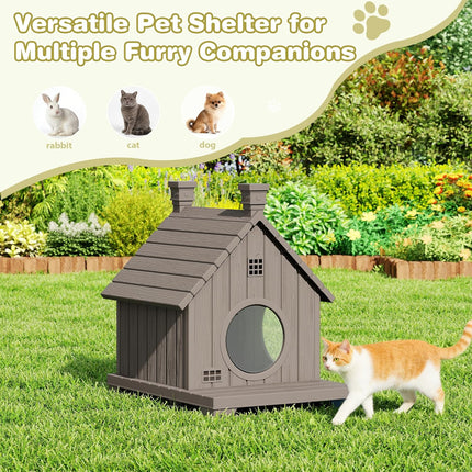 Outdoor Cat House Weatherproof, Durable Resin Cat Houses for Outdoor Indoor Cats, Litter Box Enclosure with Elevated Base, Anti-Slip Pad, Ventilation, Grey