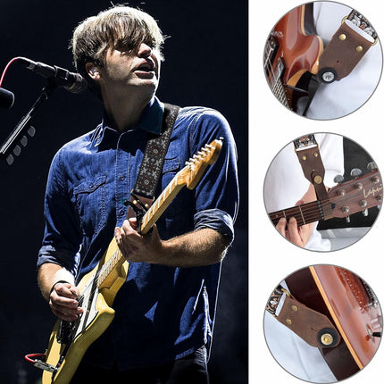 Nefelibata Guitar Strap,Jacquard Embroidery Cotton Guitar Straps with Crazy Horse Leather Ends for Bass, Electric & Acoustic, Best Gifts for Kids, Guitarists(Brown flower embroidery)