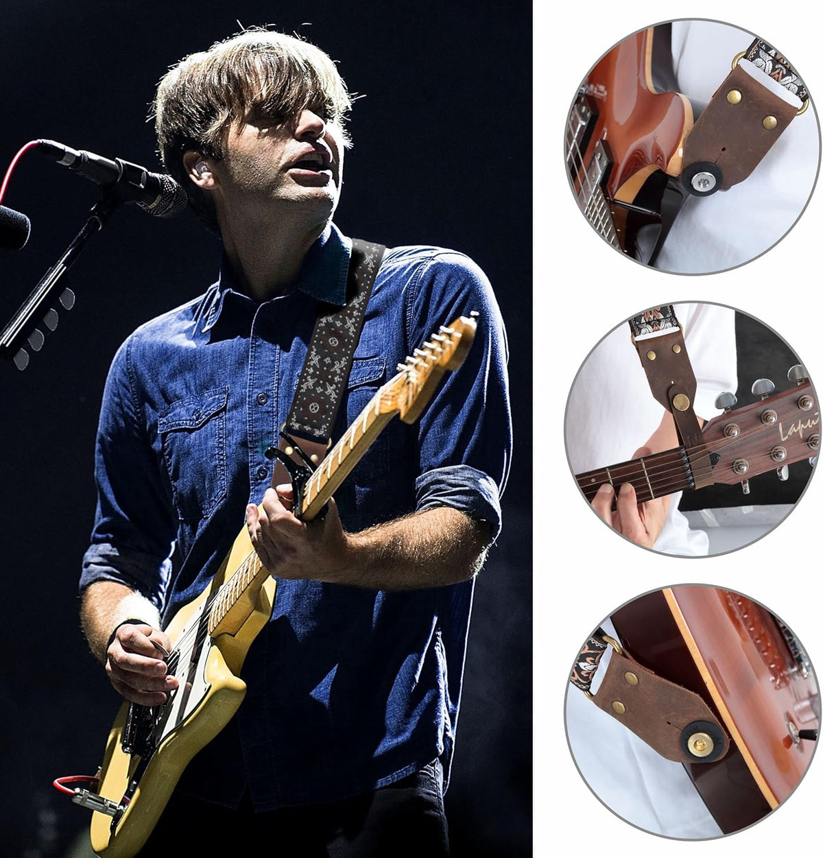 Guitar Strap,Jacquard Embroidery Cotton Guitar Straps with Crazy Horse Leather Ends for Bass, Electric & - photo 2