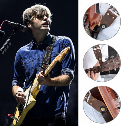 Guitar Strap,Jacquard Embroidery Cotton Guitar Straps with Crazy Horse Leather Ends for Bass, Electric & - photo 2
