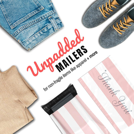 Poly Mailers 12.5x15 50 Pack | Self-Sealing Shipping Bags Envelopes for Small Business | Waterproof Durable Packaging | Thank You | Pink Stripes | à la mode Mailers