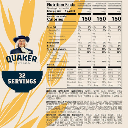 Quaker Immunity Instant Oatmeal, 3 Flavor Variety Pack, Good Source of Vitamins C, D, & Zinc, Whole Grains, No Artificial Flavors, No Colors from Artificial Sources, 1.41 oz Packets, (32 Pack)