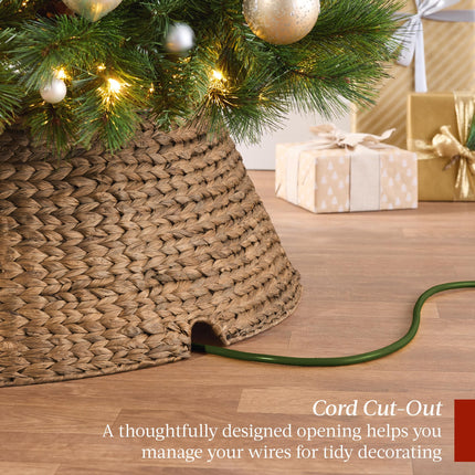 36in Christmas Tree Collar, Woven Hyacinth 3-Piece Holiday Rattan Tree Skirt Accessory for Home w/Cord Cut-Out - Chestnut