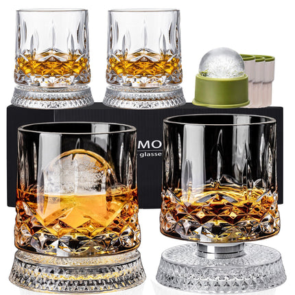 Spinning Whiskey Glasses Set of 4, 9.5 oz Smooth Rotating Bases, Gift Box