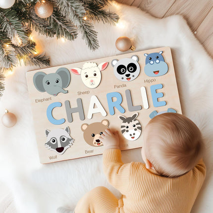 Zuzu Puzzle Personalized Name Puzzle for Toddlers 1-3 with Animals, Handmade Learning Toy, CPC Certified, Keepsake Nursery Decor, for 1st Birthday
