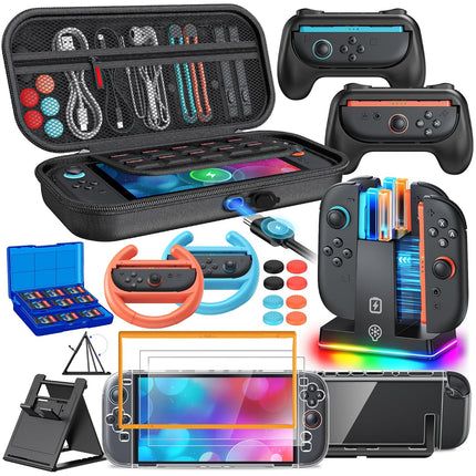 Switch 2 Accessories, [Charge Inside]Case Bundle for Nintendo Switch 2 2025 Console, 23 IN 1 Kit:Carrying Case,Controller Charger,Protective Shell,Grip for Joycon,Steering Wheel for Mario Kart