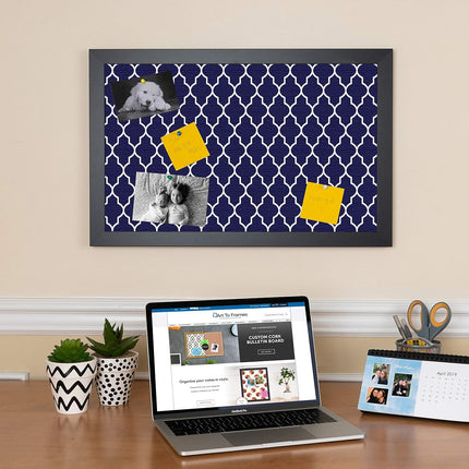 PinPix 24x16 Custom Cork Bulletin Board Quatrefoil Navy Poster Board with a Canvas Style Photo Board, Framed in Satin Black (PinPix-285)