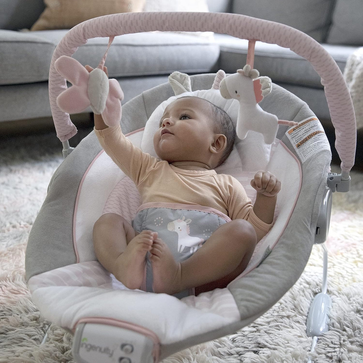 Soothing Baby Bouncer Infant Seat with Vibrations, Toy Bar & Sounds, Pink Unicorn, 0-6 Months - photo 2