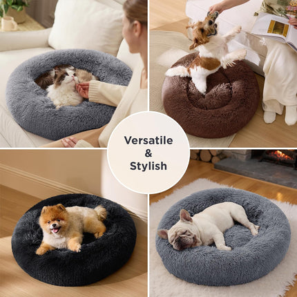 Bedsure Donut Calming Cat Bed, Round Plush Fluffy Washable Pet Bed for Indoor Cats & Puppy, Cozy Comfort Anti-Anxiety Furniture for Kittens, Cute Soft Comfy Dog Cuddler, 20x20Inches Grey