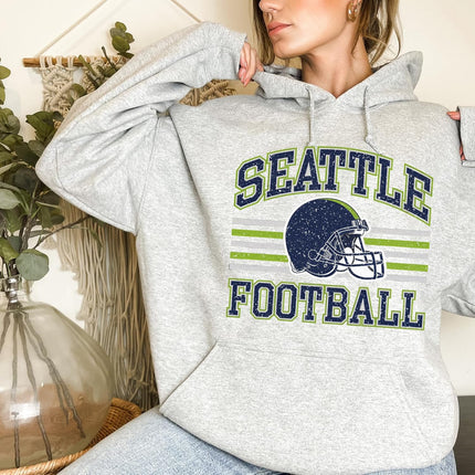 Distressed Seattle Football Hoodie– Retro Collegiate Style Vintage Helmet Pullover for Women