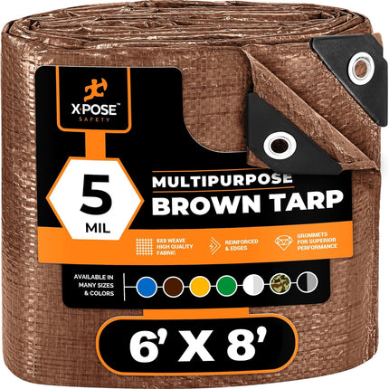 Multipurpose Protective Cover Brown Poly Tarp 6' x 8' - Durable, Water Resistant, Weather Resistant - 5 Mil Thick Polyethylene - by Xpose Safety