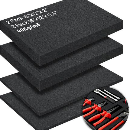 4Pcs Pick and Pluck Foam Sheets for Cases (2Pcs 16x12x2" + 2Pcs 16x12x0.4"), Tool Box foam for Toolbox, Gun Case, Camera Case, Pre-Cut Cubes for Customizable Protective Foam Insert Kit
