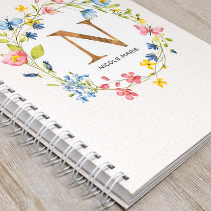 Personalized Baby Journal - Hardcover First Year Album Customized with Baby’s Name & Initial - Prompted Baby Memory Book (Wildflower Wreath Initial)
