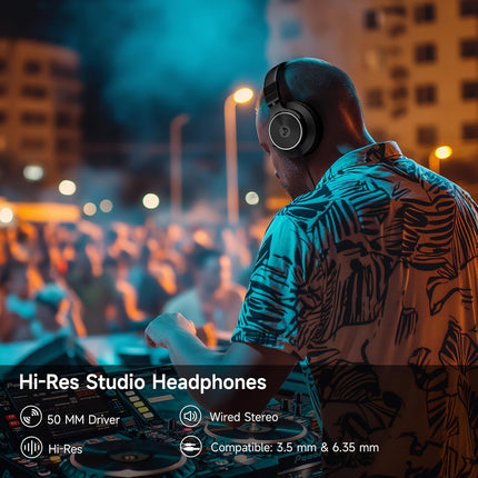 DJ Headphones Over Ear Headphones Studio Monitor & Mixing DJ Stereo Headsets with 50mm Neodymium Drivers and 1/4 to 3.5mm Jack for AMP Computer Recording Podcast Keyboard Guitar Laptop (Black)