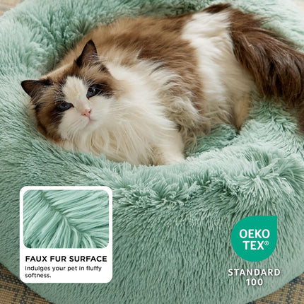 Bedsure Calming Cat Beds for Indoor Cats - Small Cat Bed Washable 20 inches, Anti-Slip Round Fluffy Plush Faux Fur Pet Bed, Fits up to 15 lbs Pets, Garden Green