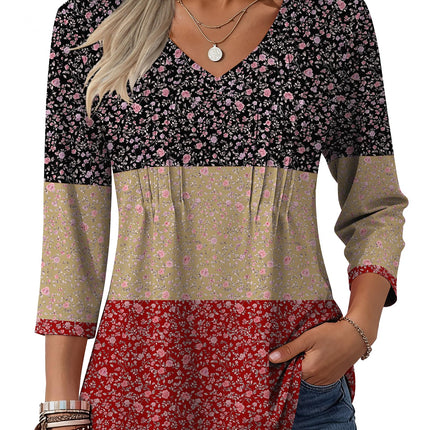 3/4 Length Sleeve Womens Tops V Neck Pleated Boho Floral Blouses