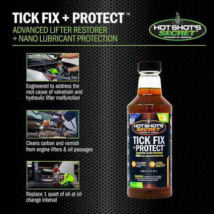 Hot Shot’s Secret Tick Fix + Protect 32 fl oz – Engine Oil Additive for Gas Engines, Reduces Lifter Tick and Engine Noise, FR3 Nano Technology