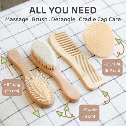 Wooden Baby Hair Brush Grooming Kit with Beech Wood Goat Hair Brush, Cradle Cap Brush, Silicone Scalp Massager, Ultra Soft Bristle Brush | Gender Neutral Newborn Hairbrush Set for Boy or Girl