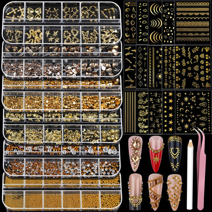 Nail Charms Nail Gems with 15 Sheets Gold Nail Stickers, 6 Boxes of Rhinestones for Nails Art Tools, 3D Nail Decals Pearls for Nails