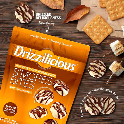 Drizzilicious Mini Flavored Rice Cakes S'mores - Rice Crisps, Healthy Snack for Adults and Kids, Vegan, Gluten Free Snack, Allergen Free, Only 90 Calories Per 21 Pieces- 4 oz (Pack of 1)