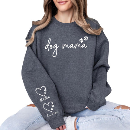 Custom Dog Mom Sweatshirt with Pet Name & Heart on Sleeve, Personalized Dog Mama Hoodie or Crewneck, Cute Women’s Sweatshirt for Pet Lovers