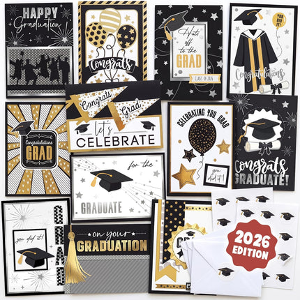 Graduation Cards 2026 Bulk Assortment for College & High School (5x7") - 12 Pack Black and Gold Foil Design with Envelopes & Stickers, Congrats Grad Gift Decorations for Him Her, Printed Messages