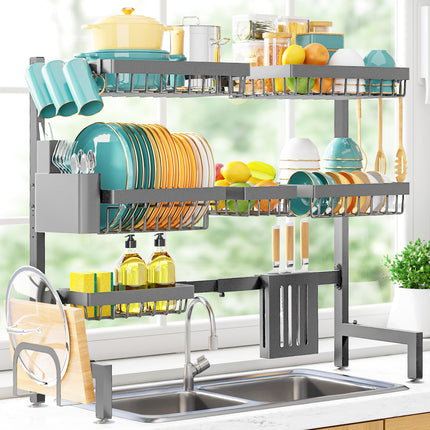 Over The Sink Dish Drying Rack - Adjustable 2 Tier Large Capacity Stainless Steel Drainer with Cutlery & Utensil Holders, Kitchen Storage & Organization, 30"-33.9" L x 11" W x 21.5" H, Black