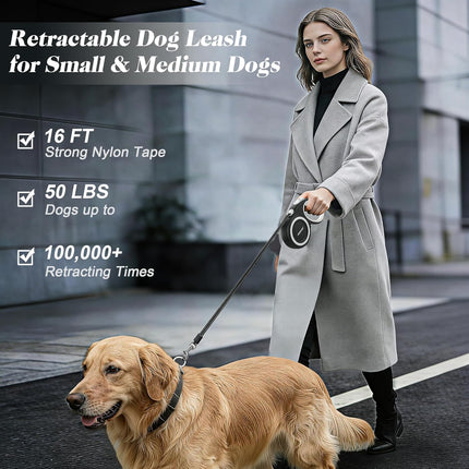 Retractable Dog Leash with Stainless Steel Anti-Chew Cable for Small & Medium Dogs up to 50 lbs | 16 ft Strong Nylon Reflective Tape | 360° Tangle-Free | One-Handed Brake, Pause & Lock (Medium, White)
