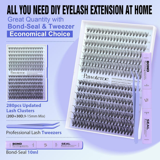 Lash Extension Kit DIY 280pcs Individual Lash Clusters Kit 20D&30D Natural 9-15mm Cluster Eyelash Extensions Kit with Lash Bond and Seal, Tweezers for Self Use (20D&30D, 0.07D, 9-15mm, Kit)
