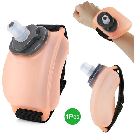 Wrist water bottle for sports flat lay showing full product and strap detail