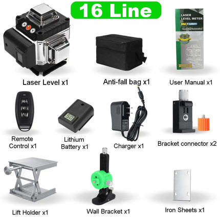 3D Laser Level specifications and measurement range shown with product dimensions